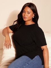 Curves Like These Black Ribbed Side Split Tunic - Image 2 of 4