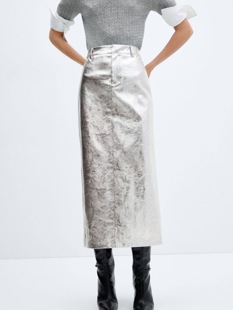 Mango Silver Metallic Leather Effect Skirt - Image 1 of 6