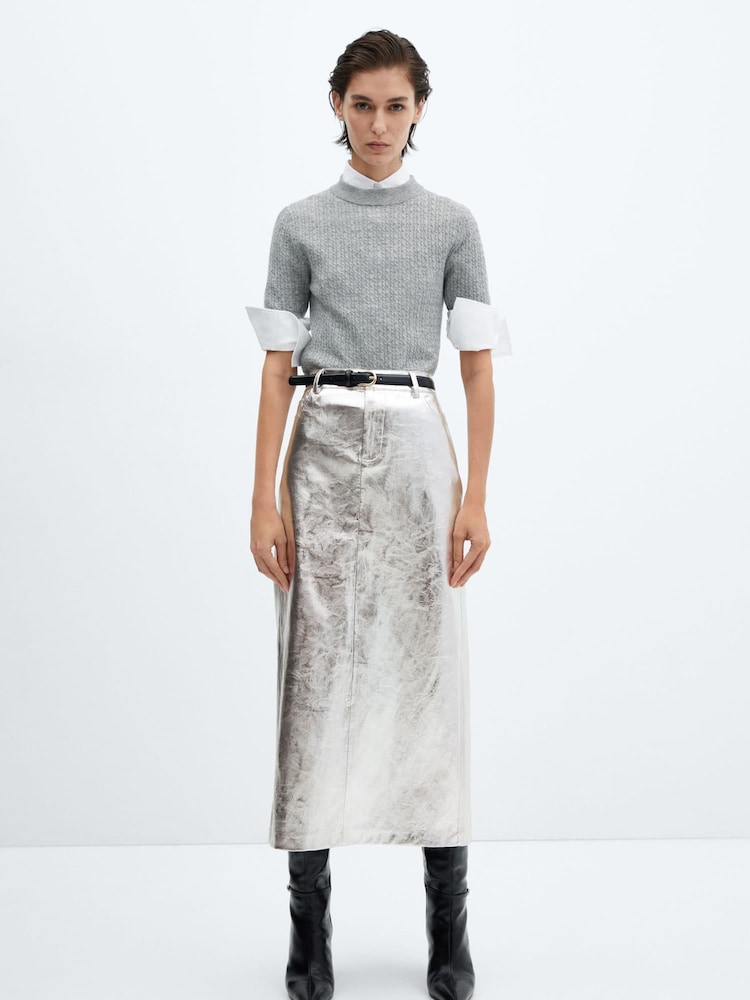 Mango Silver Metallic Leather Effect Skirt - Image 2 of 6 Mango Silver Metallic Leather Effect Skirt - Image 2 of 6