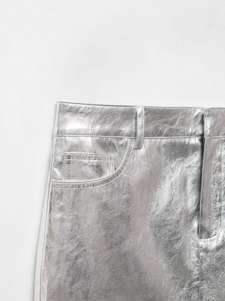 Mango Silver Metallic Leather Effect Skirt - Image 6 of 6