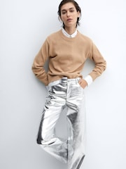 Mango Silver Metallic Leather Effect Pants - Image 4 of 7