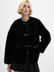 Mango Black Fur-Effect Coat With Appliqués - Image 1 of 7