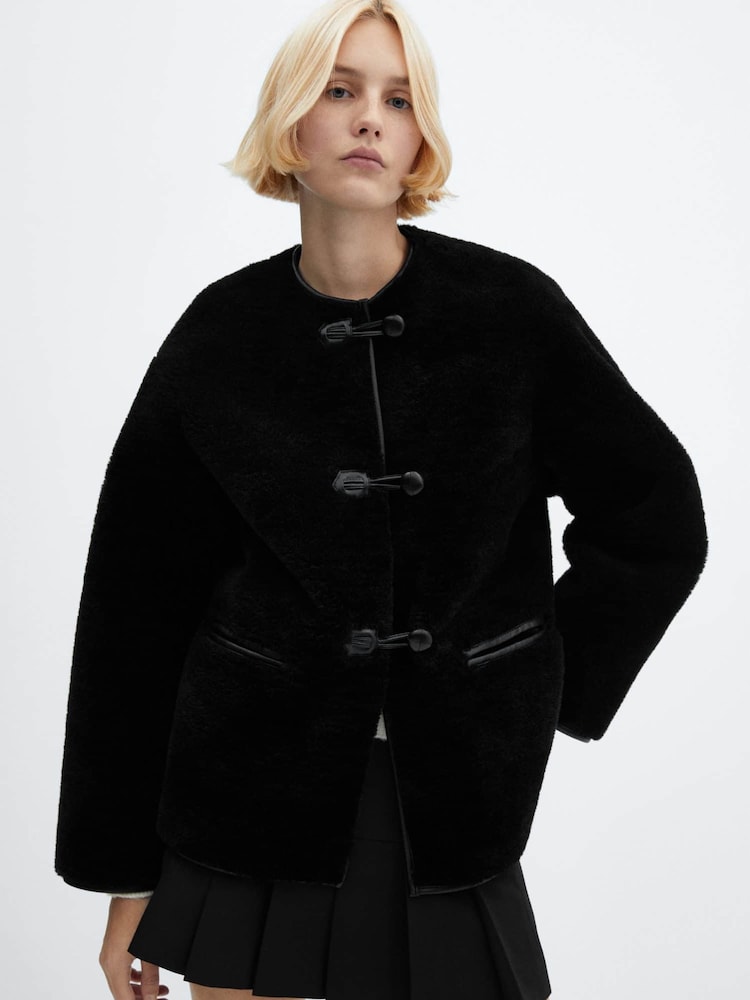 Mango Black Fur-Effect Coat With Appliqués - Image 1 of 7