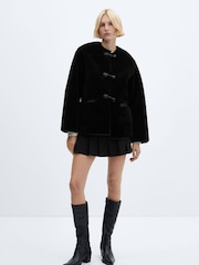 Mango Black Fur-Effect Coat With Appliqués - Image 2 of 7