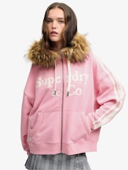 Superdry Pink Vintage Fur Applique Logo Zip-Through Hoodie - Image 1 of 7