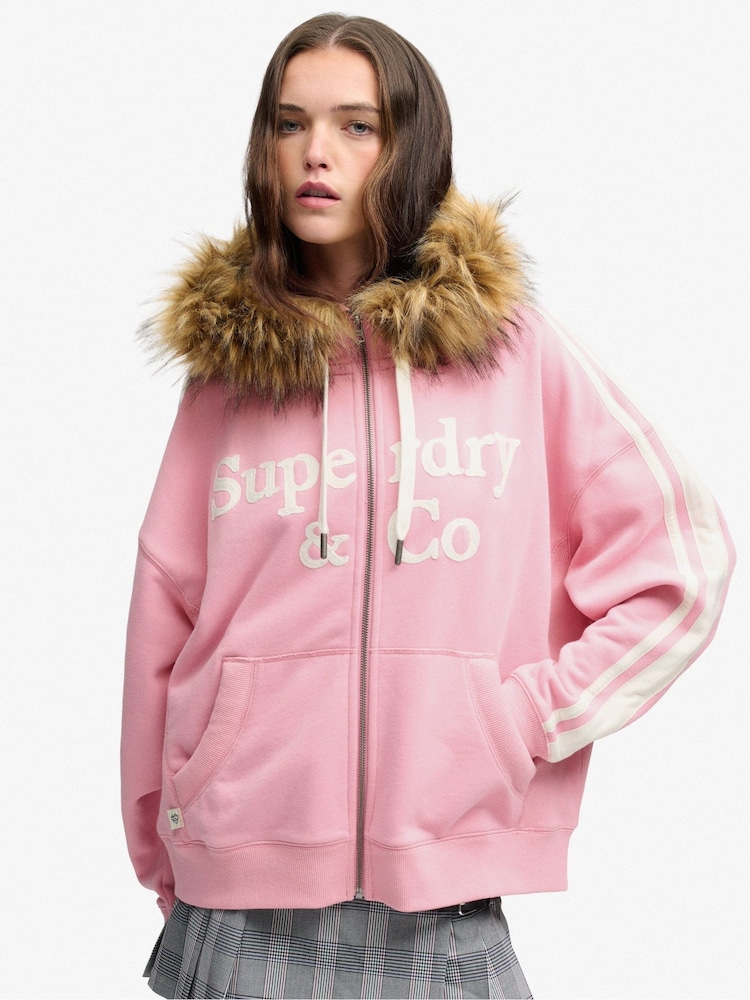 Superdry Pink Vintage Fur Applique Logo Zip-Through Hoodie - Image 1 of 7
