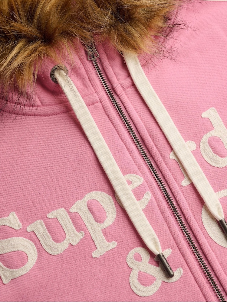 Superdry Pink Vintage Fur Applique Logo Zip-Through Hoodie - Image 7 of 7
