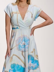 Jolie Moi Blue Printed Scuba Dipped Hem Midi Dress - Image 5 of 6