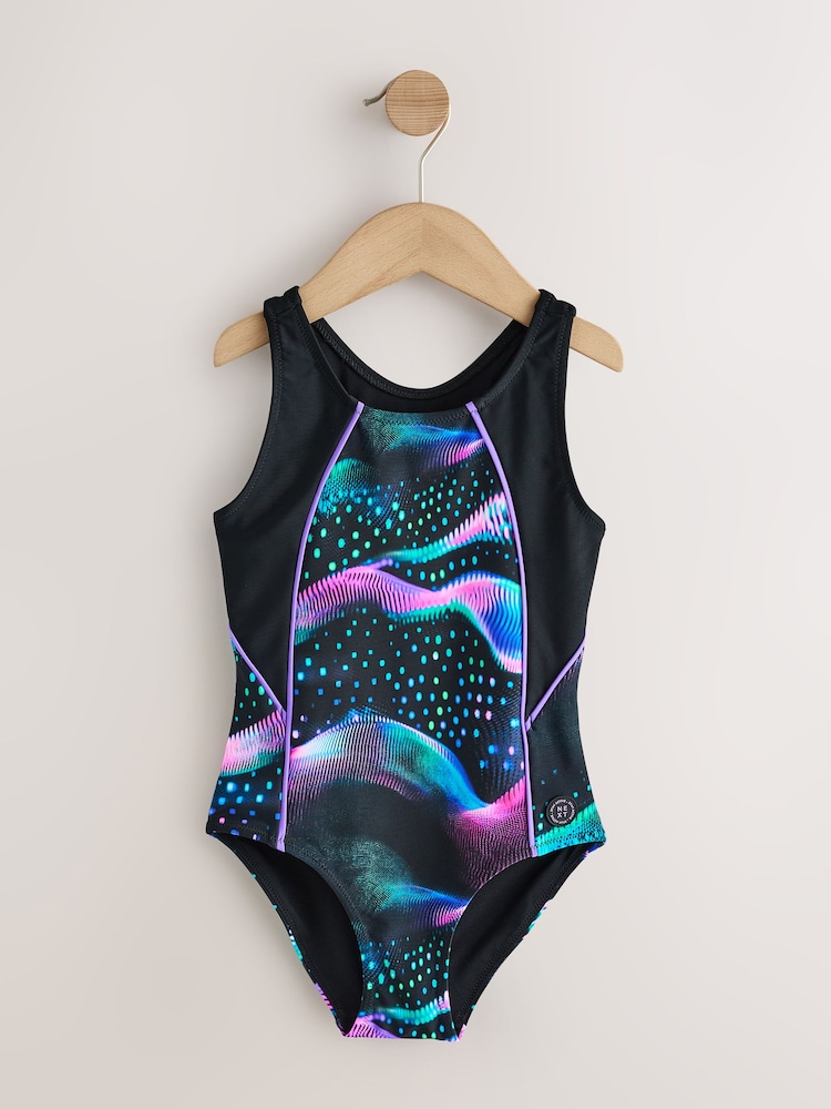 Black Swirl Sports Open Back Swimsuit (3-16yrs) - Image 1 of 4 Black Swirl Sports Open Back Swimsuit (3-16yrs) - Image 1 of 4