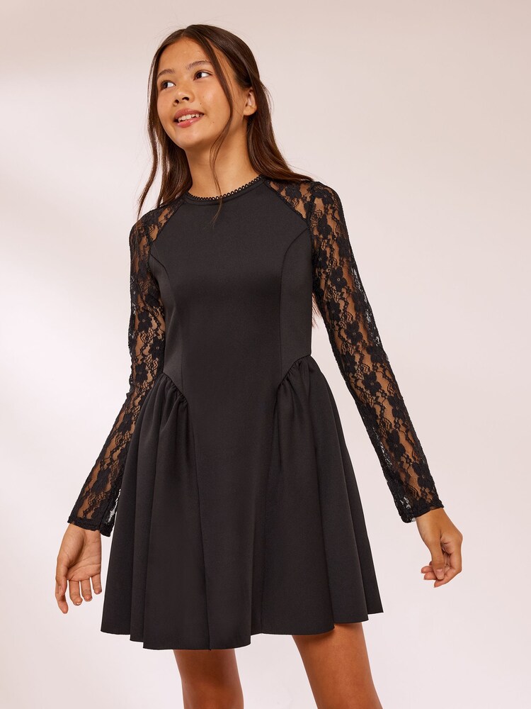 Lipsy Black Long Sleeve Lace Detail Scuba Dress (5-16yrs) - Image 1 of 4