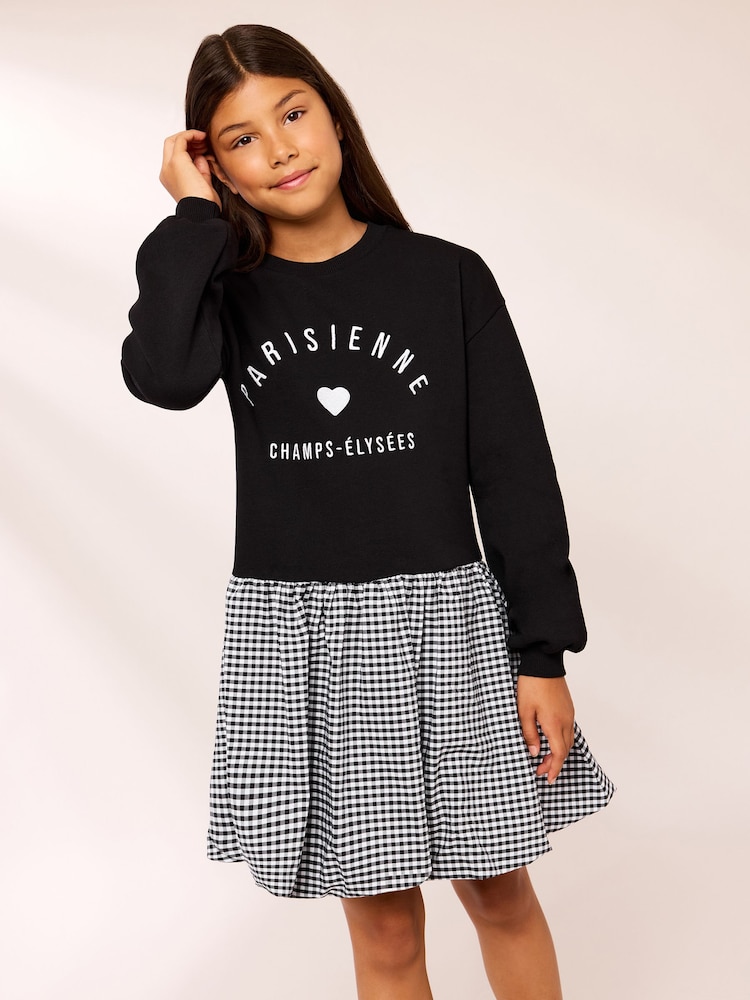 Lipsy Black Paris 2-in-1 Gingham Sweat Dress (5-14yrs) - Image 1 of 5 Lipsy Black Paris 2-in-1 Gingham Sweat Dress (5-14yrs) - Image 1 of 5