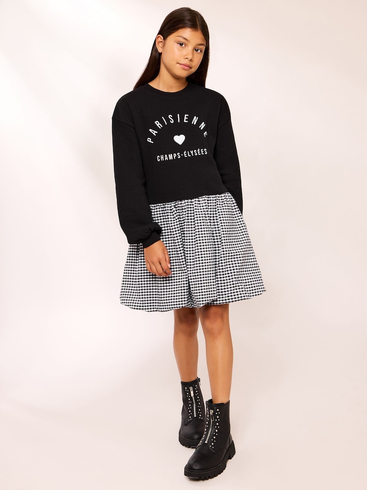Lipsy Black Paris 2-in-1 Gingham Sweat Dress (5-14yrs) - Image 2 of 5 Lipsy Black Paris 2-in-1 Gingham Sweat Dress (5-14yrs) - Image 2 of 5