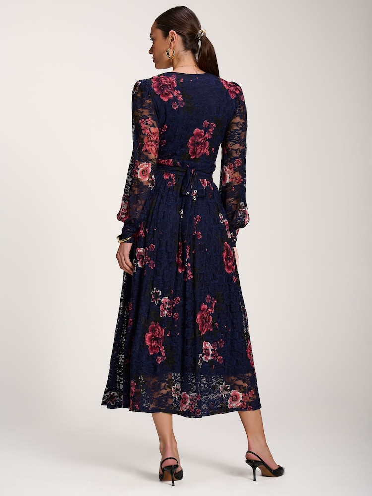 Jolie Moi Blue Long Sleeve Printed Lace Midaxi Dress - Image 2 of 7