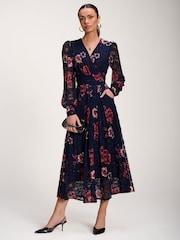 Jolie Moi Blue Long Sleeve Printed Lace Midaxi Dress - Image 3 of 7