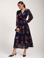 Jolie Moi Blue Long Sleeve Printed Lace Midaxi Dress - Image 4 of 7