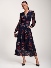 Jolie Moi Blue Long Sleeve Printed Lace Midaxi Dress - Image 5 of 7