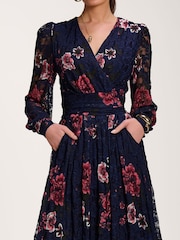 Jolie Moi Blue Long Sleeve Printed Lace Midaxi Dress - Image 6 of 7