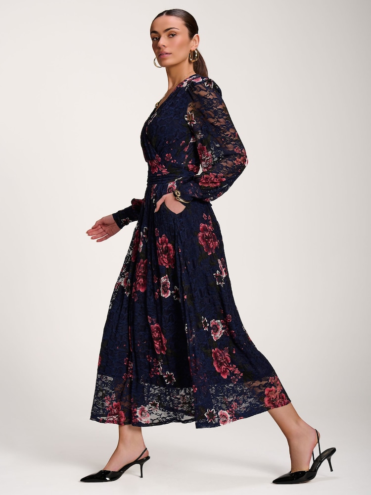 Jolie Moi Blue Long Sleeve Printed Lace Midaxi Dress - Image 6 of 6 Jolie Moi Blue Long Sleeve Printed Lace Midaxi Dress - Image 6 of 6