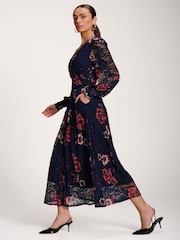 Jolie Moi Blue Long Sleeve Printed Lace Midaxi Dress - Image 7 of 7