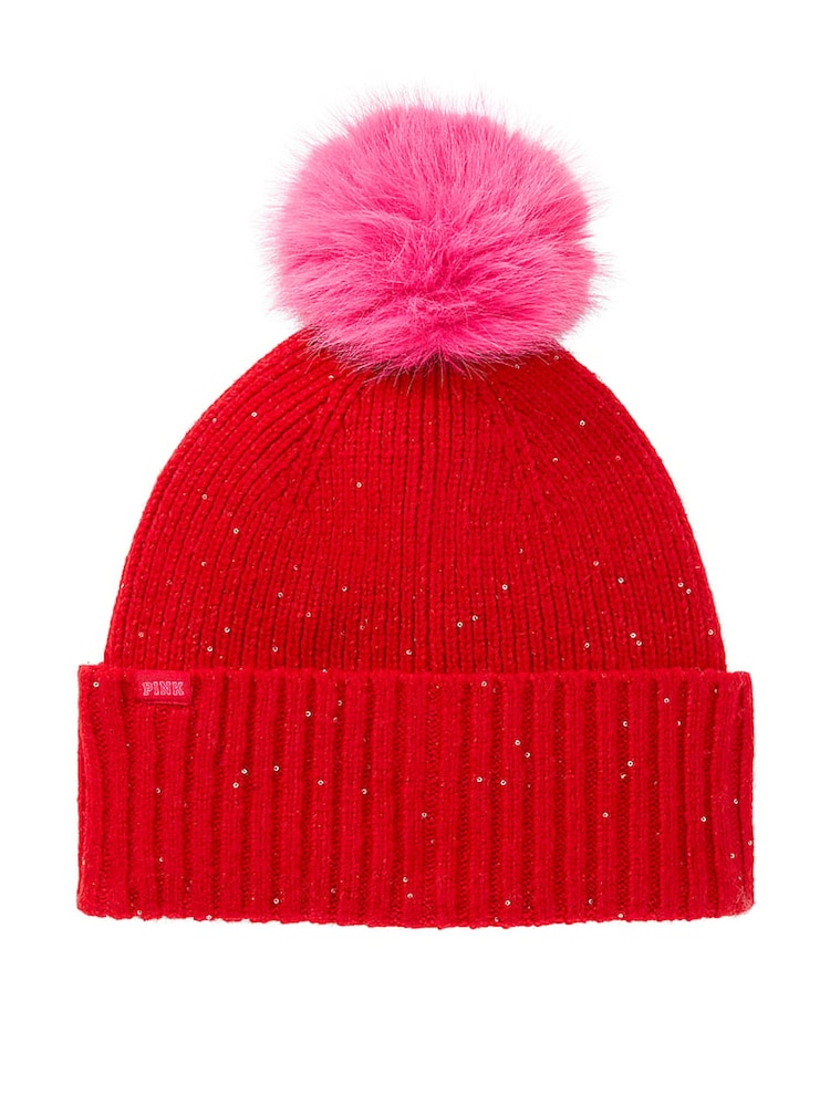 Victoria's Secret Pink Bright Vermillion Red Sequin Pom Beanie - Image 2 of 3 Victoria's Secret Pink Bright Vermillion Red Sequin Pom Beanie - Image 2 of 3