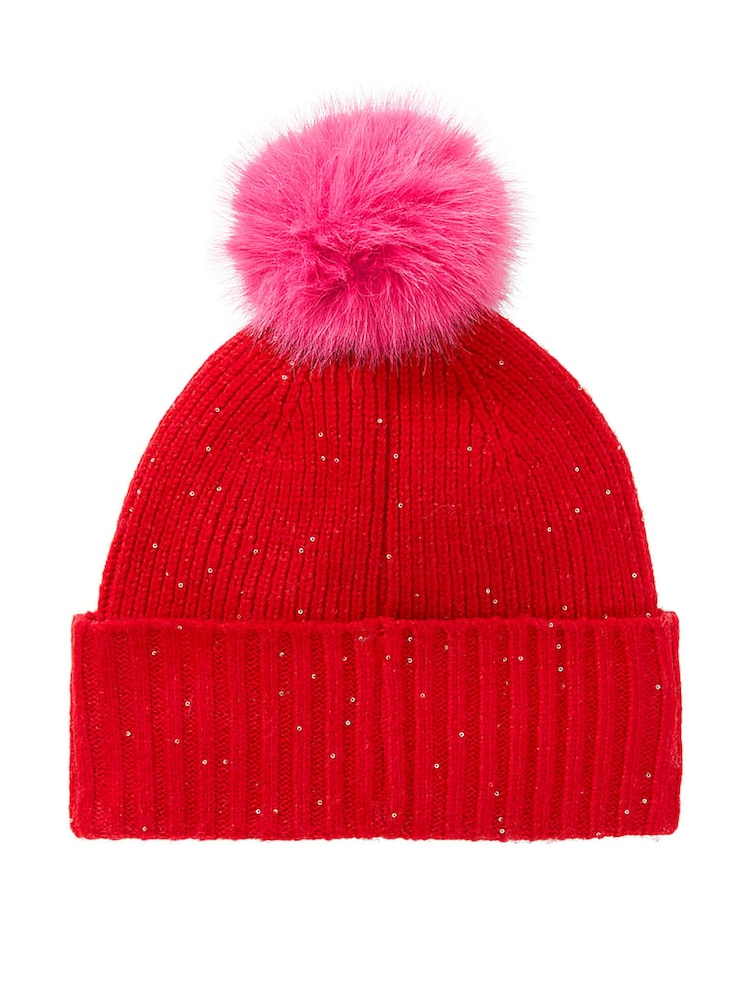 Victoria's Secret Pink Bright Vermillion Red Sequin Pom Beanie - Image 3 of 3 Victoria's Secret Pink Bright Vermillion Red Sequin Pom Beanie - Image 3 of 3
