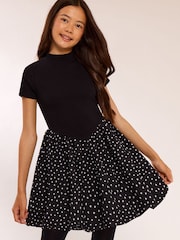 Lipsy Black Heart Spot Short Sleeve 2-in-1 Puffball Dress (5-16yrs) - Image 1 of 4