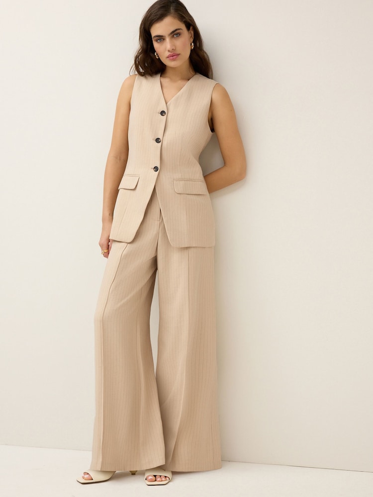 Neutral Pinstripe Tailored Wide Trousers - Image 1 of 6