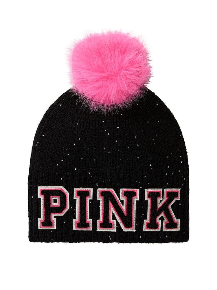 Victoria's Secret Pink Black Sequin Pom Beanie - Image 2 of 3 Victoria's Secret Pink Black Sequin Pom Beanie - Image 2 of 3