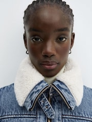 Mango Blue Shearling Denim Jacket - Image 4 of 7