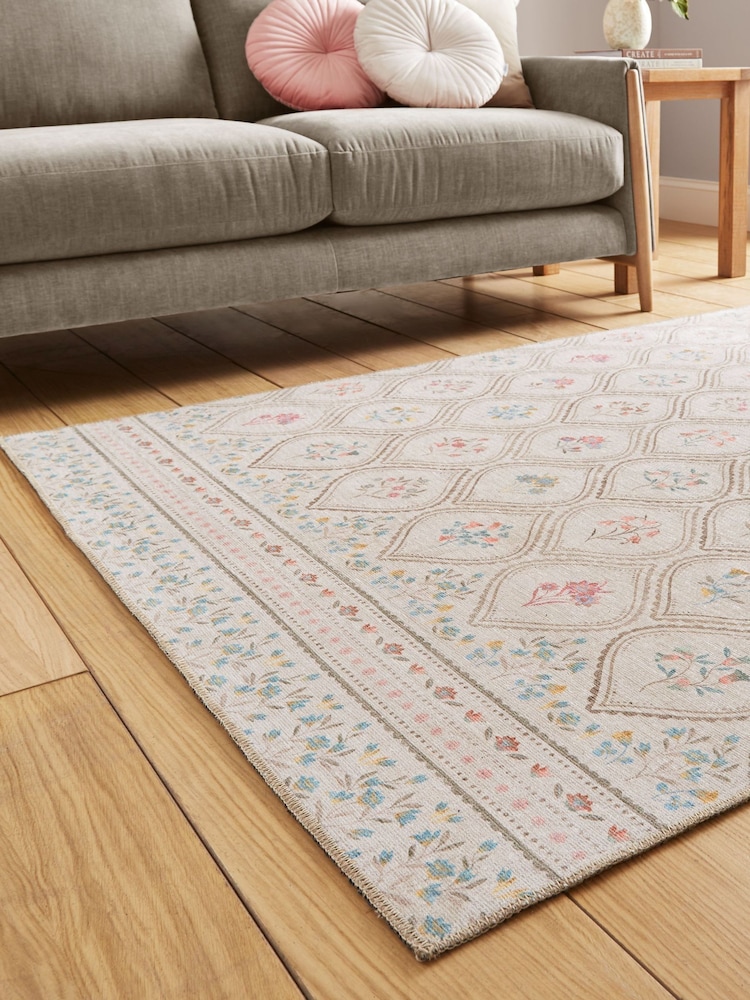 Catherine Lansfield Cream Cameo Floral Washable Rug - Image 2 of 5 Catherine Lansfield Cream Cameo Floral Washable Rug - Image 2 of 5