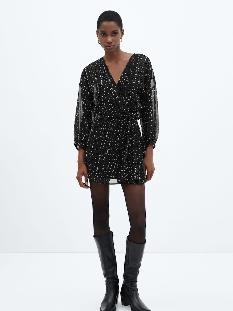 Mango Black Print Wrap Dress - Image 1 of 6 Mango Black Print Wrap Dress - Image 1 of 6