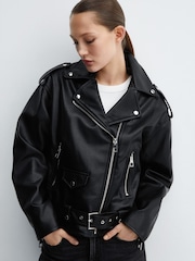 Mango Black Leather-Effect Biker Jacket - Image 1 of 7
