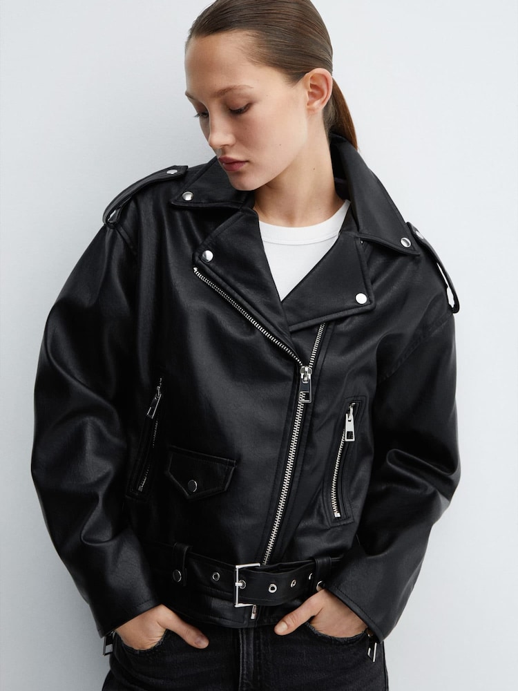 Mango Black Leather-Effect Biker Jacket - Image 1 of 7