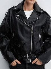 Mango Black Leather-Effect Biker Jacket - Image 3 of 7
