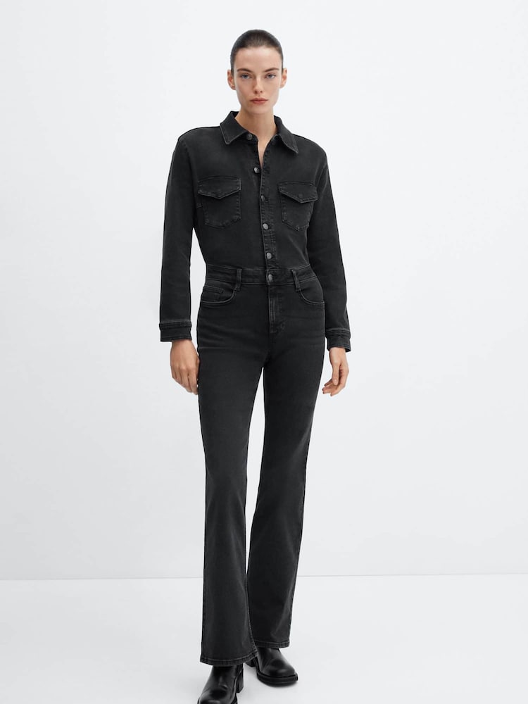 Mango Black Long Denim Jumpsuit - Image 1 of 6