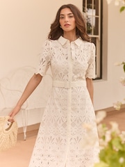 Lipsy Cream Premium Broderie Lace Belted Shirt Midi Dress - Image 1 of 4