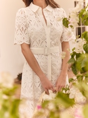 Lipsy Cream Premium Broderie Lace Belted Shirt Midi Dress - Image 2 of 4
