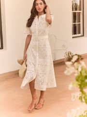 Lipsy Cream Premium Broderie Lace Belted Shirt Midi Dress - Image 3 of 4