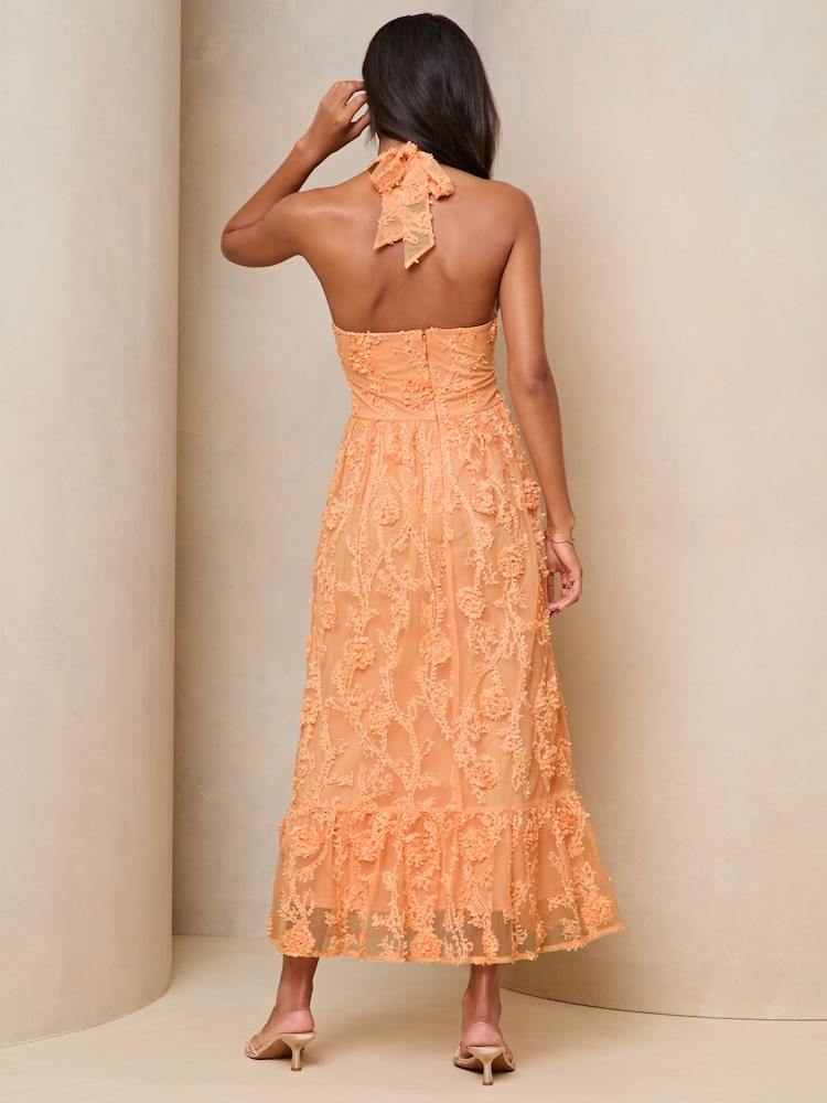 Lipsy Coral Orange Premium 3D Floral Lace Halter Neck Midi Dress - Image 2 of 4 Lipsy Coral Orange Premium 3D Floral Lace Halter Neck Midi Dress - Image 2 of 4