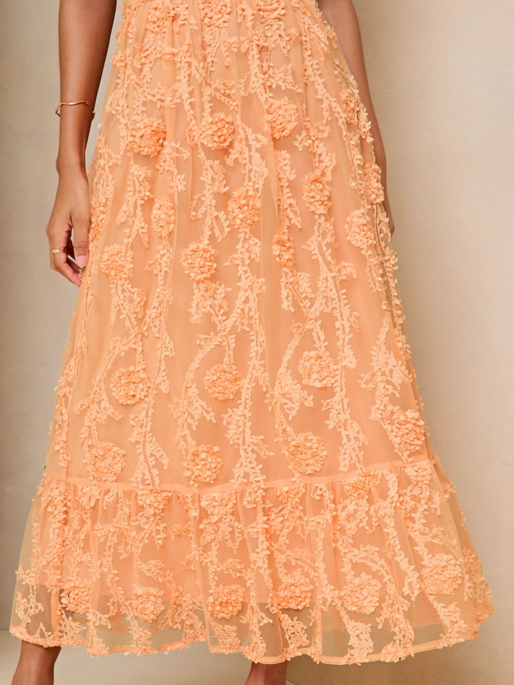 Lipsy Coral Orange Premium 3D Floral Lace Halter Neck Midi Dress - Image 4 of 4 Lipsy Coral Orange Premium 3D Floral Lace Halter Neck Midi Dress - Image 4 of 4