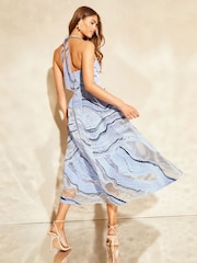 Lipsy Navy Blue Premium Halter V Neck Prom Jaquard Midi Dress - Image 2 of 4
