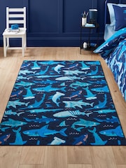 Catherine Lansfield Blue Jawsome Sharks Washable Childrens Rug - Image 1 of 6