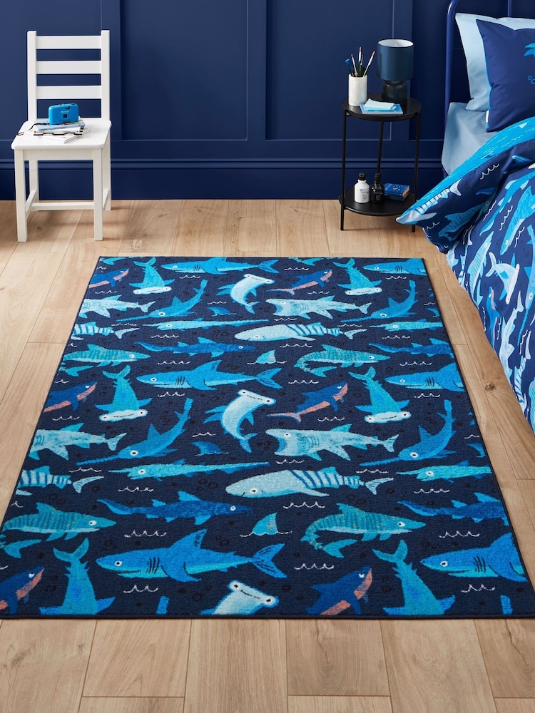 Catherine Lansfield Blue Jawsome Sharks Washable Childrens Rug - Image 1 of 6 Catherine Lansfield Blue Jawsome Sharks Washable Childrens Rug - Image 1 of 6