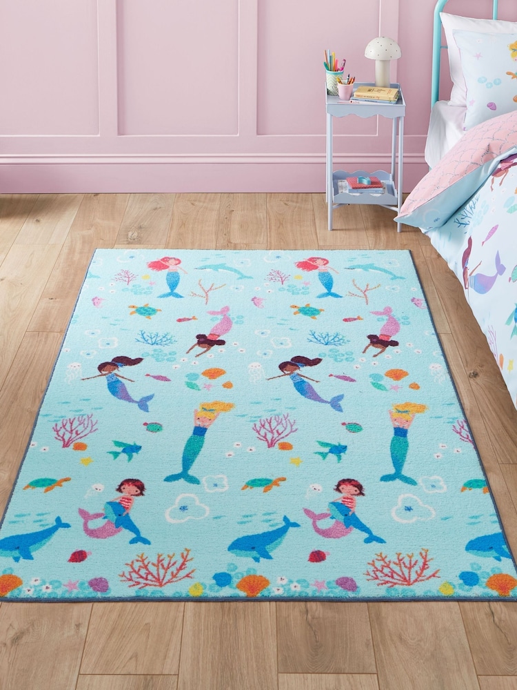 Catherine Lansfield Blue Mermaid Washable Childrens Rug - Image 1 of 5
