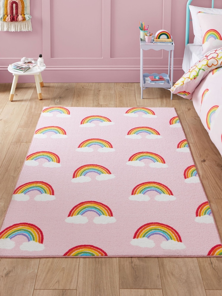 Catherine Lansfield Pink Rainbow Hearts Washable Childrens Rug - Image 1 of 5 Catherine Lansfield Pink Rainbow Hearts Washable Childrens Rug - Image 1 of 5