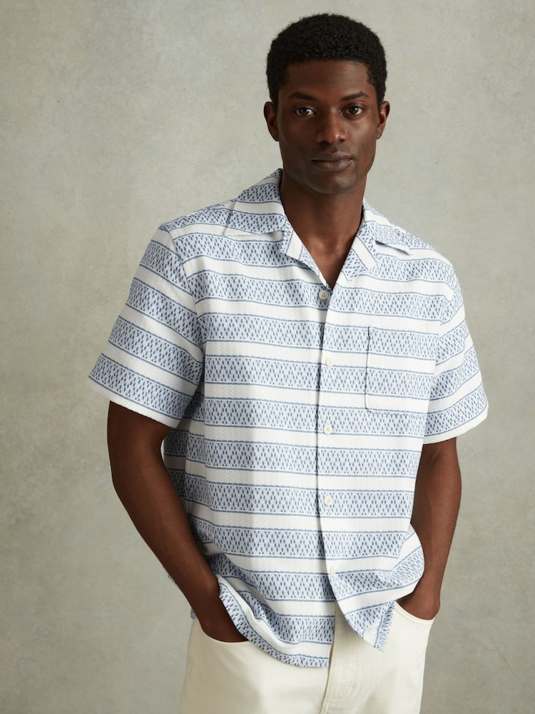 Reiss White/Soft Blue Kesh Herringbone Cuban Collar Shirt - Image 1 of 6