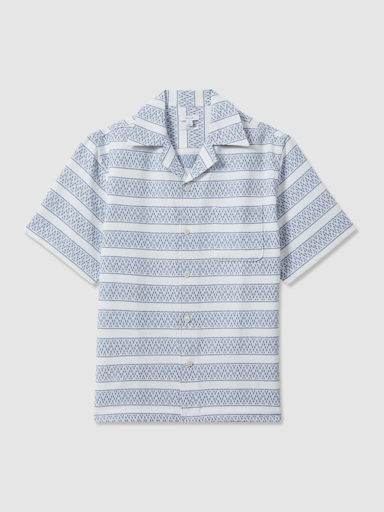 Reiss White/Soft Blue Kesh Herringbone Cuban Collar Shirt - Image 2 of 6