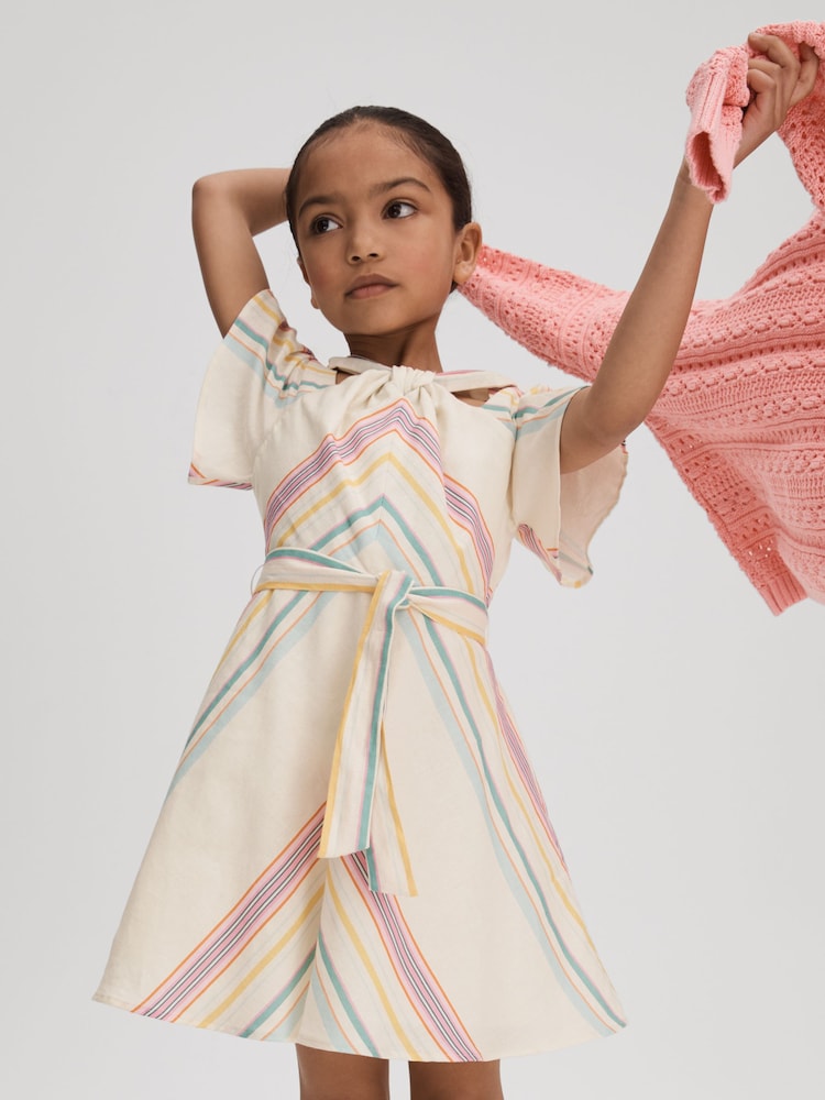 Reiss Ivory Kitty 9-13 yrs Linen Cotton Knot Detail Dress - Image 1 of 4