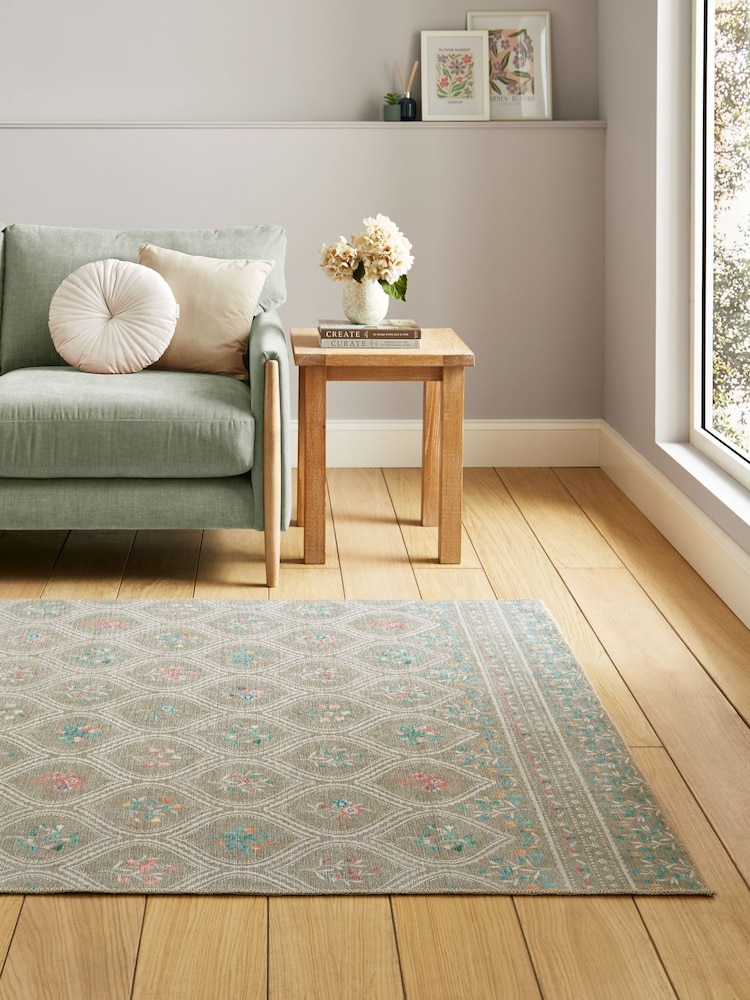 Catherine Lansfield Sage Green Cameo Floral Washable Rug - Image 1 of 5 Catherine Lansfield Sage Green Cameo Floral Washable Rug - Image 1 of 5
