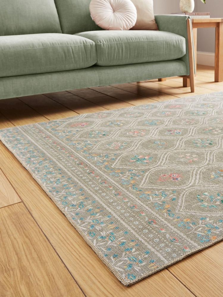 Catherine Lansfield Sage Green Cameo Floral Washable Rug - Image 2 of 5 Catherine Lansfield Sage Green Cameo Floral Washable Rug - Image 2 of 5
